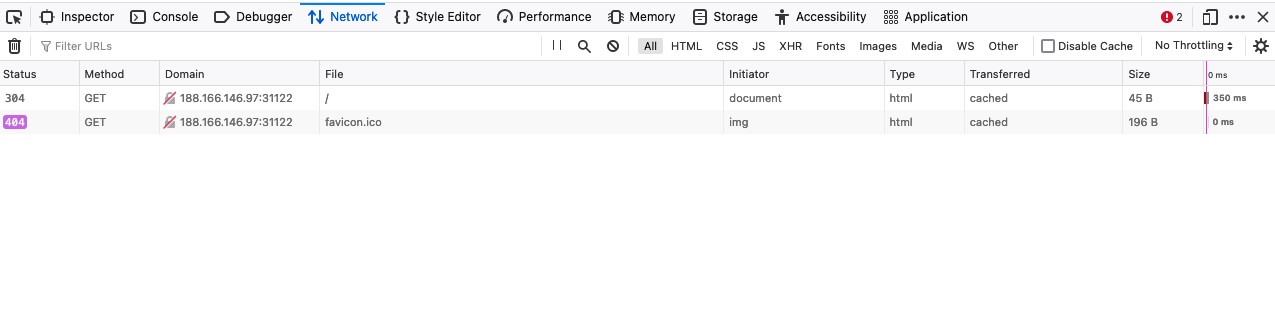 “网络”选项卡显示对 188.166.146.97:31122 的两个 GET 请求。“/”的状态为 304,“favicon.ico”的状态为 404。